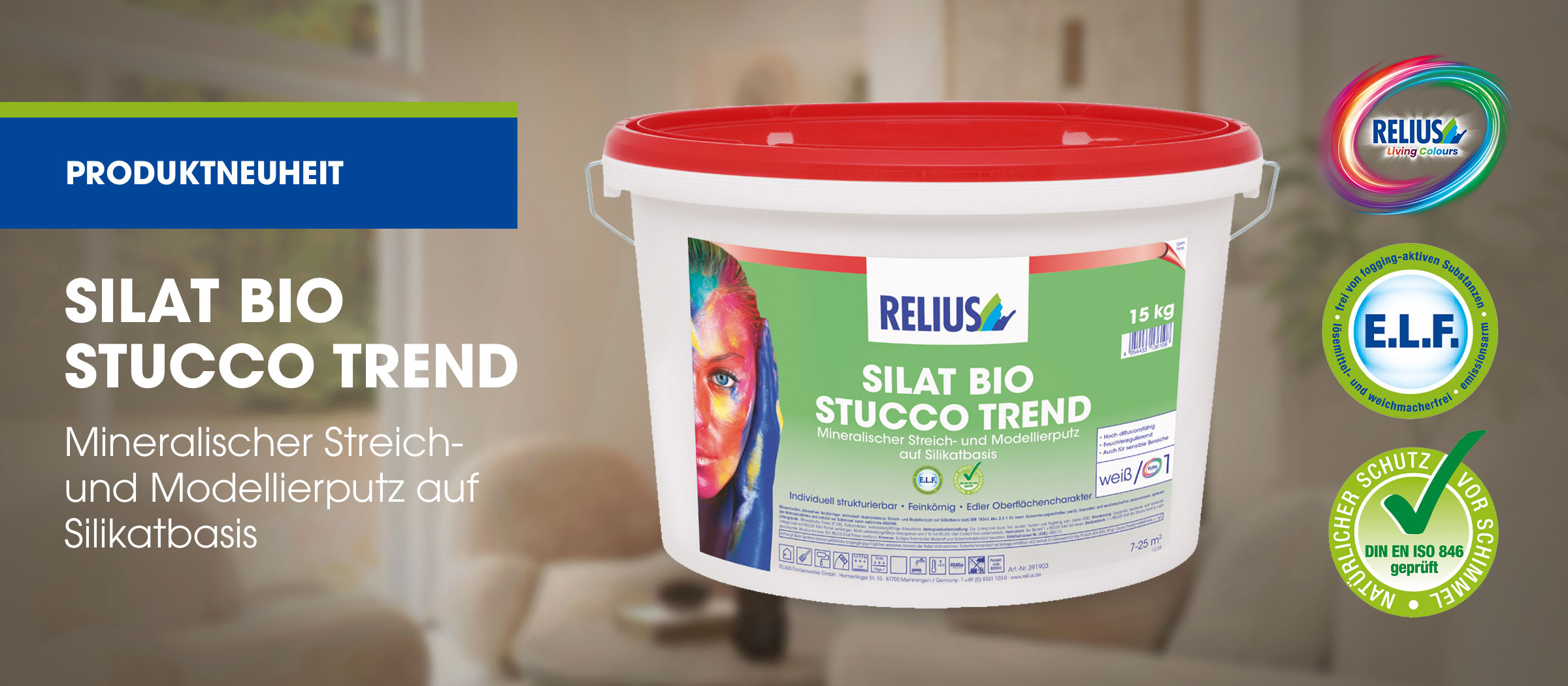 Werbemotiv: RELIUS Produktneuheit Silat Bio Stucco Trend.