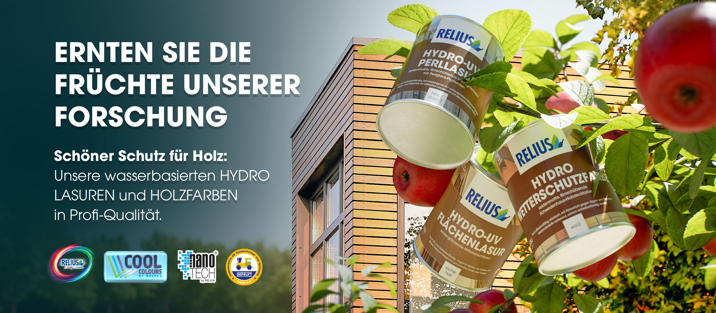 Werbemotiv: RELIUS wasserbasierte HYDRO LASUREN und HOLZFARBEN hängen wie Früchte an einem Baum.